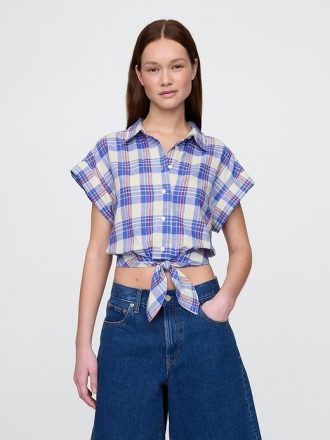Camisa corta de mezcla de lino con lazo frontal