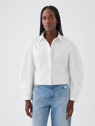 Camisa corta de popelina de algodón orgánico con mangas abullonadas