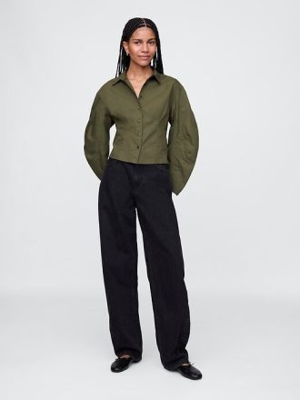 Camisa corta de popelina de algodón orgánico con mangas abullonadas