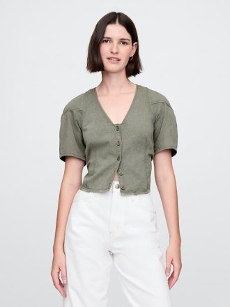 Camisa corta vaquera con mangas abullonadas