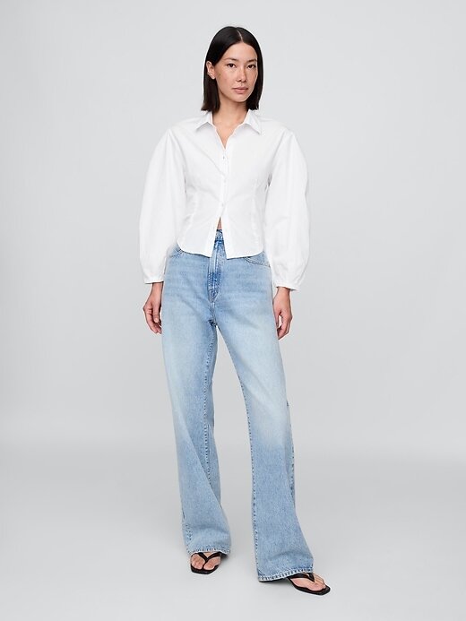 Camisa de popelina de algodón orgánico con mangas abullonadas Camisa de popelina de algodón orgánico con mangas abullonadas
