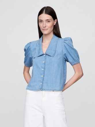 Camisa vaquera con cuello y mangas abullonadas