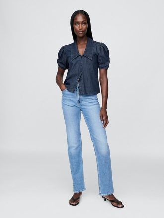Camisa vaquera con cuello y mangas abullonadas