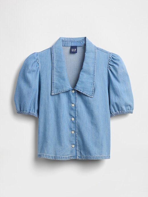 Camisa vaquera con cuello y mangas abullonadas Camisa vaquera con cuello y mangas abullonadas