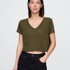 Camiseta corta de mezcla de lino con cuello en V
