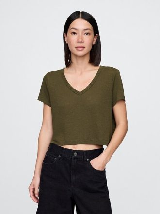 Camiseta corta de mezcla de lino con cuello en V
