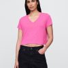 Camiseta corta de mezcla de lino con cuello en V