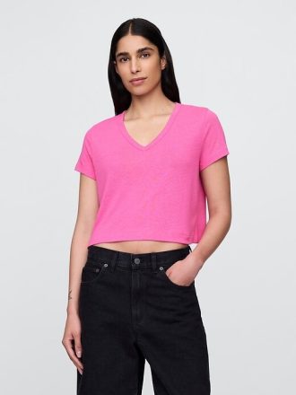 Camiseta corta de mezcla de lino con cuello en V