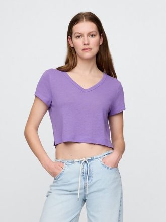Camiseta corta de mezcla de lino con cuello en V