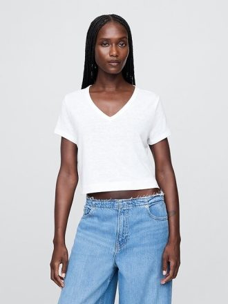 Camiseta corta de mezcla de lino con cuello en V