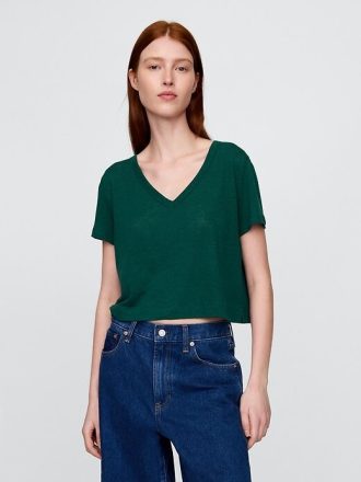 Camiseta corta de mezcla de lino con cuello en V