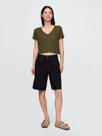 Camiseta corta de mezcla de lino con cuello en V