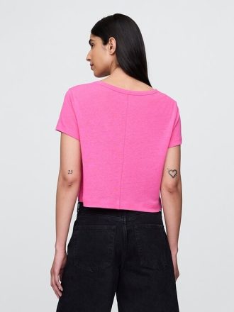 Camiseta corta de mezcla de lino con cuello en V