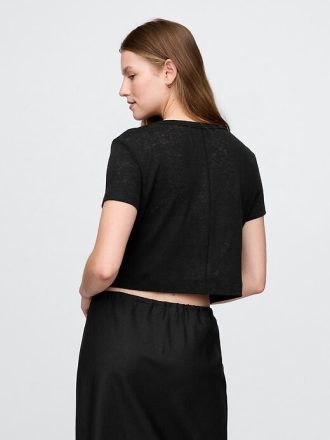 Camiseta corta de mezcla de lino con cuello en V