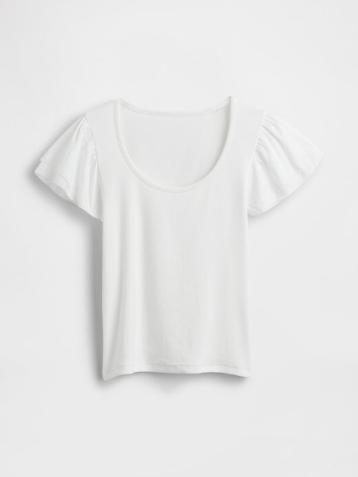 Camiseta corta moderna con mangas abullonadas y volantes Camiseta corta moderna con mangas abullonadas y volantes