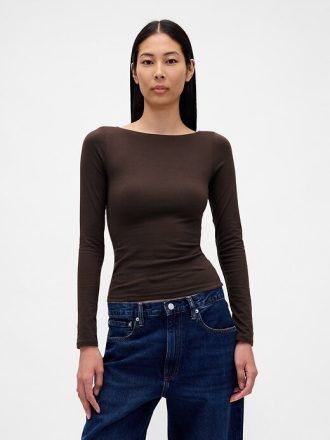 Camiseta de jersey de punto cerrado con cuello barco y espalda abierta