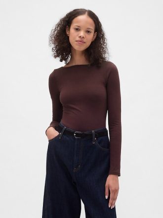 Camiseta de jersey de punto cerrado con cuello barco y espalda abierta