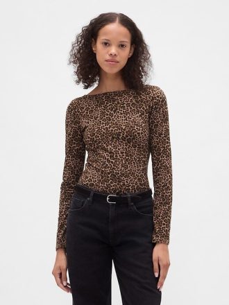 Camiseta de jersey de punto cerrado con cuello barco y espalda abierta