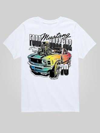 Camiseta gráfica de manga corta con arcoíris del Ford Mustang 1970 para niños