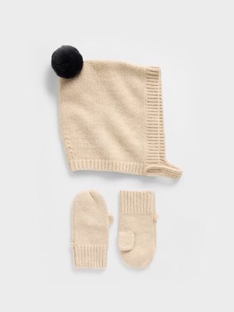 Conjunto de gorro y manoplas con pompón CashSoft para bebés y niños pequeños