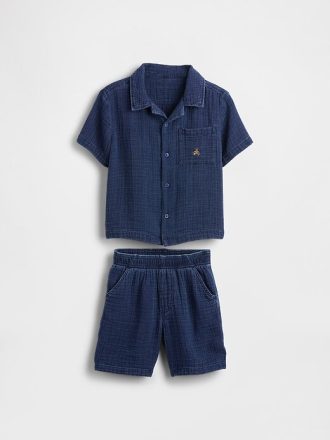 Conjunto de mezclilla de gasa arrugada para bebé y niño pequeño