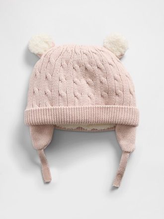 Gorro de bebé con diseño de oso de punto trenzado y forro de sherpa