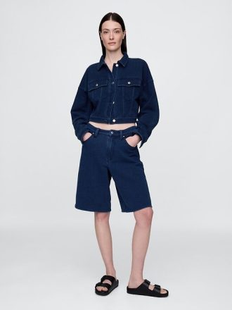 Pantalones cortos largos de mezclilla francesa de rizo de tiro medio de 11″