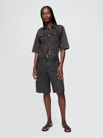 Pantalones cortos largos de mezclilla francesa de rizo de tiro medio de 11″