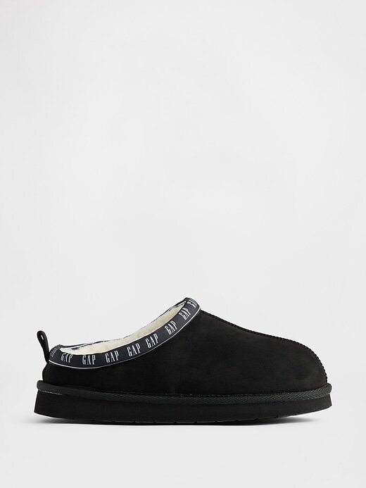 Pantuflas de ante vegano para niños con logotipo y forro de sherpa Pantuflas de ante vegano para niños con logotipo y forro de sherpa