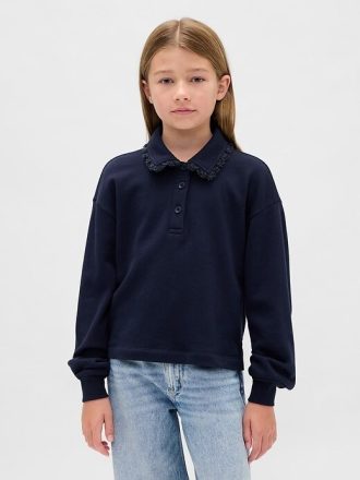 Sudadera polo infantil de felpa francesa con ribete de encaje