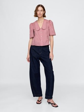Top con cuello de encaje y mangas abullonadas