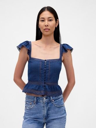 Top corto con peplum de gasa y volantes de encaje