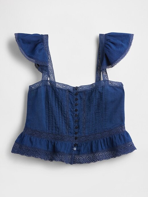Top corto con peplum de gasa y volantes de encaje Top corto con peplum de gasa y volantes de encaje