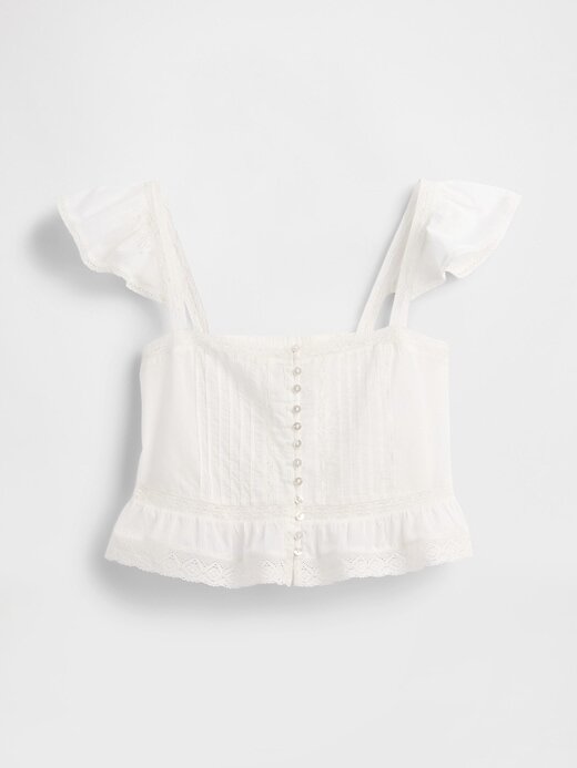 Top corto con peplum de gasa y volantes de encaje Top corto con peplum de gasa y volantes de encaje
