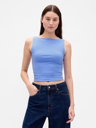 Top corto sin mangas con cuello barco y jersey de punto