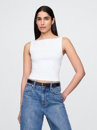 Top corto sin mangas con cuello barco y jersey de punto