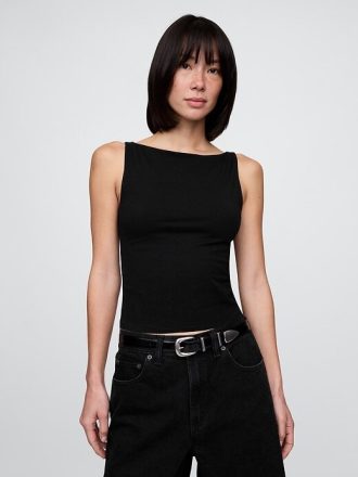 Top corto sin mangas con cuello barco y jersey de punto