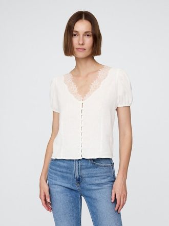 Top de encaje con cuello en V en mezcla de lino