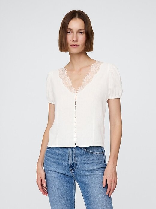Top de encaje con cuello en V en mezcla de lino Top de encaje con cuello en V en mezcla de lino