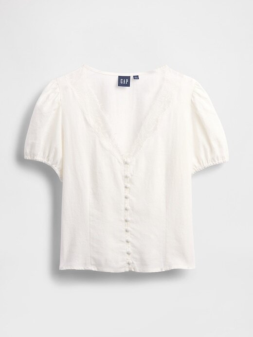 Top de encaje con cuello en V en mezcla de lino Top de encaje con cuello en V en mezcla de lino