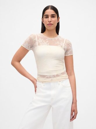 Top de malla con encaje floral