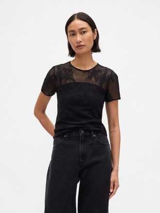 Top de malla con encaje floral