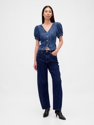 Top de mezclilla con mangas abullonadas y costuras