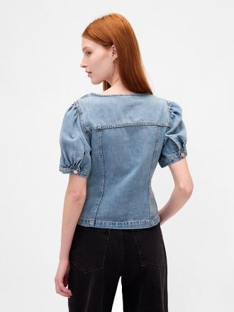 Top de mezclilla con mangas abullonadas y costuras