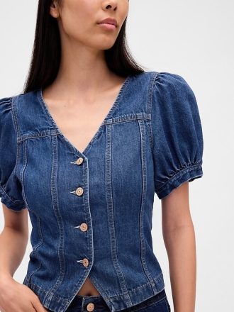 Top de mezclilla con mangas abullonadas y costuras