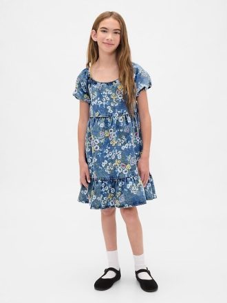 Vestido floral de mezclilla con mangas abullonadas para niños