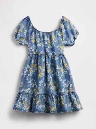 Vestido floral de mezclilla con mangas abullonadas para niños