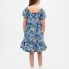 Vestido floral de mezclilla con mangas abullonadas para niños