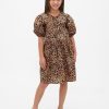 Vestido infantil de popelina con mangas abullonadas y estampado de leopardo Vestido infantil de popelina con mangas abullonadas y estampado de leopardo
