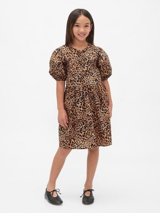 Vestido infantil de popelina con mangas abullonadas y estampado de leopardo